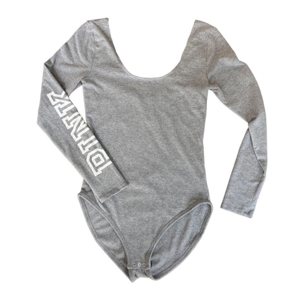 Pink by Victoria’s Secret long sleeve body suit, scoop neck, grey, size XS